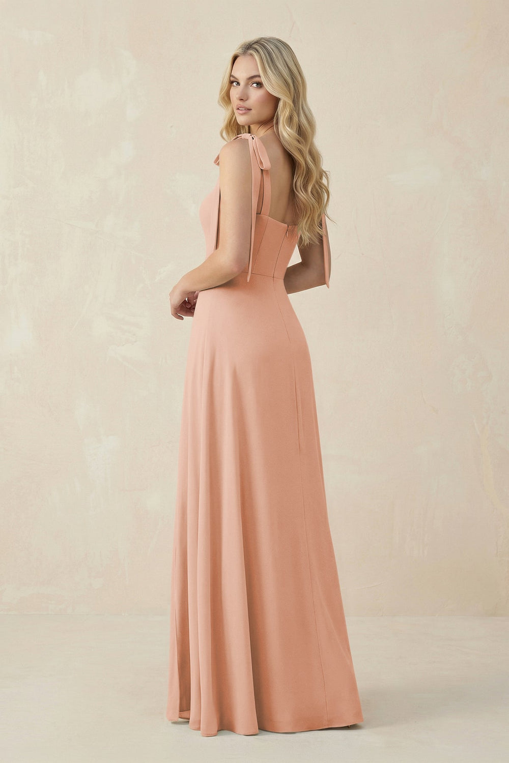 Square Neck Chiffon A - Line Bridesmaid Dress With Bow in English Rose - KISS BRIDAL Bridesmaid Dresses