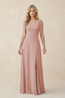 Square Neck Chiffon A-Line Bridesmaid Dress With Bow in English Rose | KISSBRIDAL