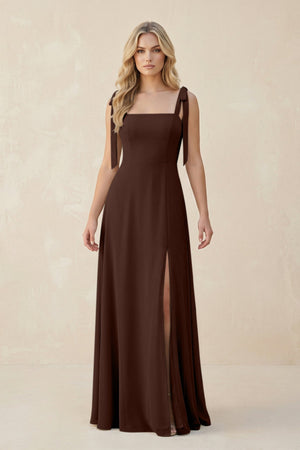 Square Neck Chiffon A - Line Bridesmaid Dress With Bow in Espresso - SHE IS ME Bridesmaid Dresses