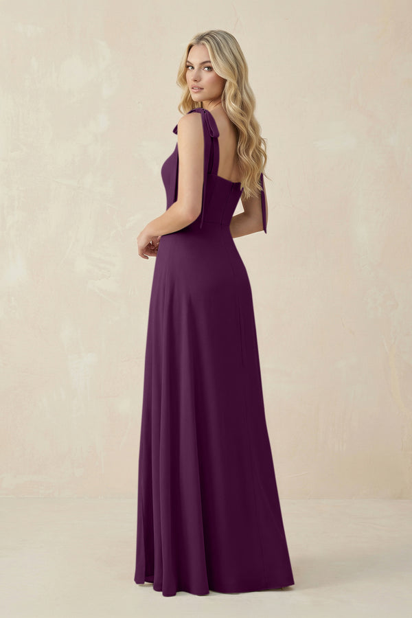 Square Neck Chiffon A-Line Bridesmaid Dress With Bow in Fig (2) | KISSBRIDAL