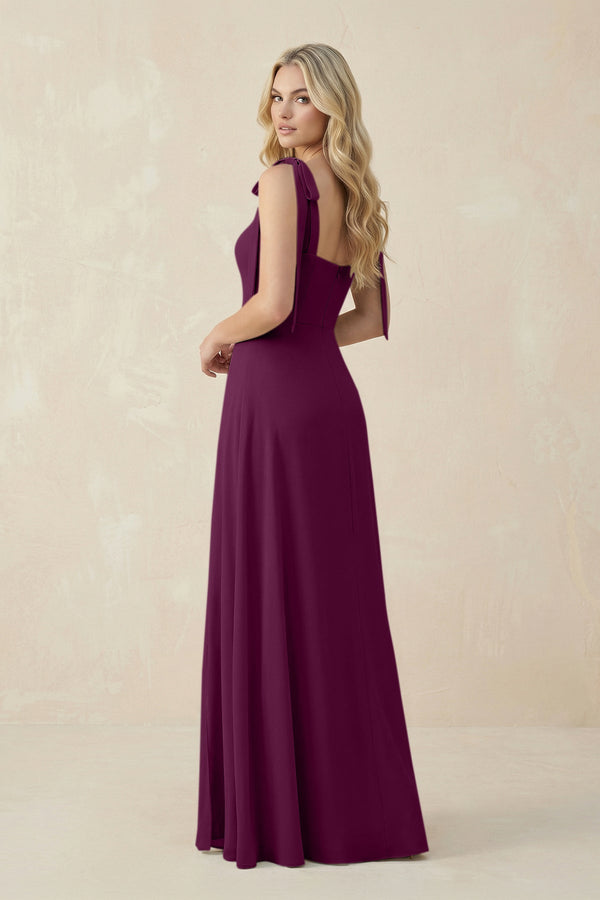 Square Neck Chiffon A - Line Bridesmaid Dress With Bow in Fig - SHE IS ME Bridesmaid Dresses