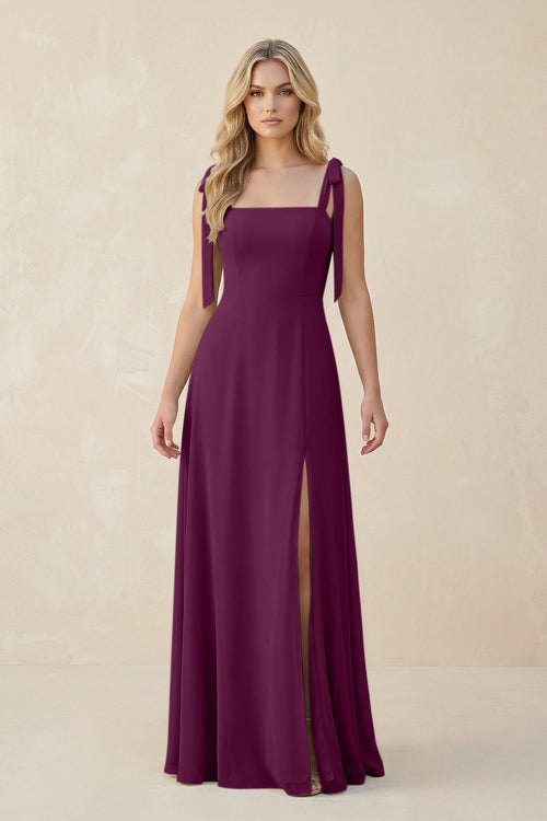 Square Neck Chiffon A - Line Bridesmaid Dress With Bow in Fig - SHE IS ME Bridesmaid Dresses