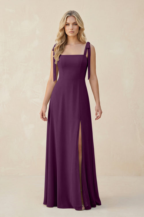 Square Neck Chiffon A-Line Bridesmaid Dress With Bow in Fig | KISSBRIDAL
