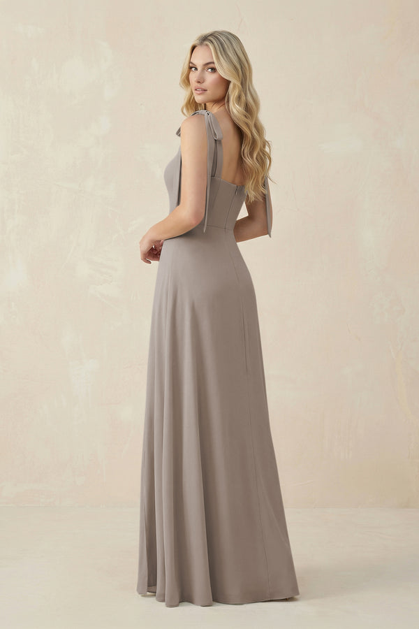 Square Neck Chiffon A-Line Bridesmaid Dress With Bow in Frost (2) | KISSBRIDAL