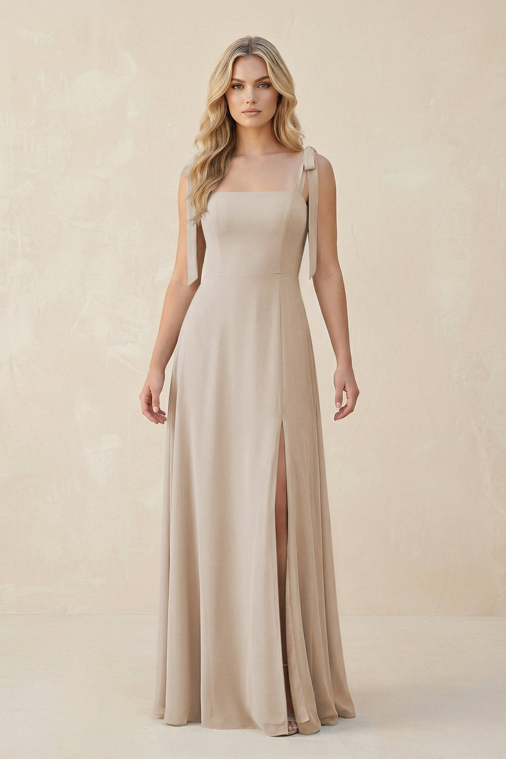 Square Neck Chiffon A - Line Bridesmaid Dress With Bow in Frost - KISS BRIDAL Bridesmaid Dresses