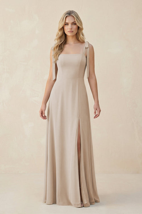 Square Neck Chiffon A - Line Bridesmaid Dress With Bow in Frost - SHE IS ME Bridesmaid Dresses