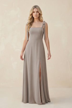 Square Neck Chiffon A-Line Bridesmaid Dress With Bow in Frost | KISSBRIDAL