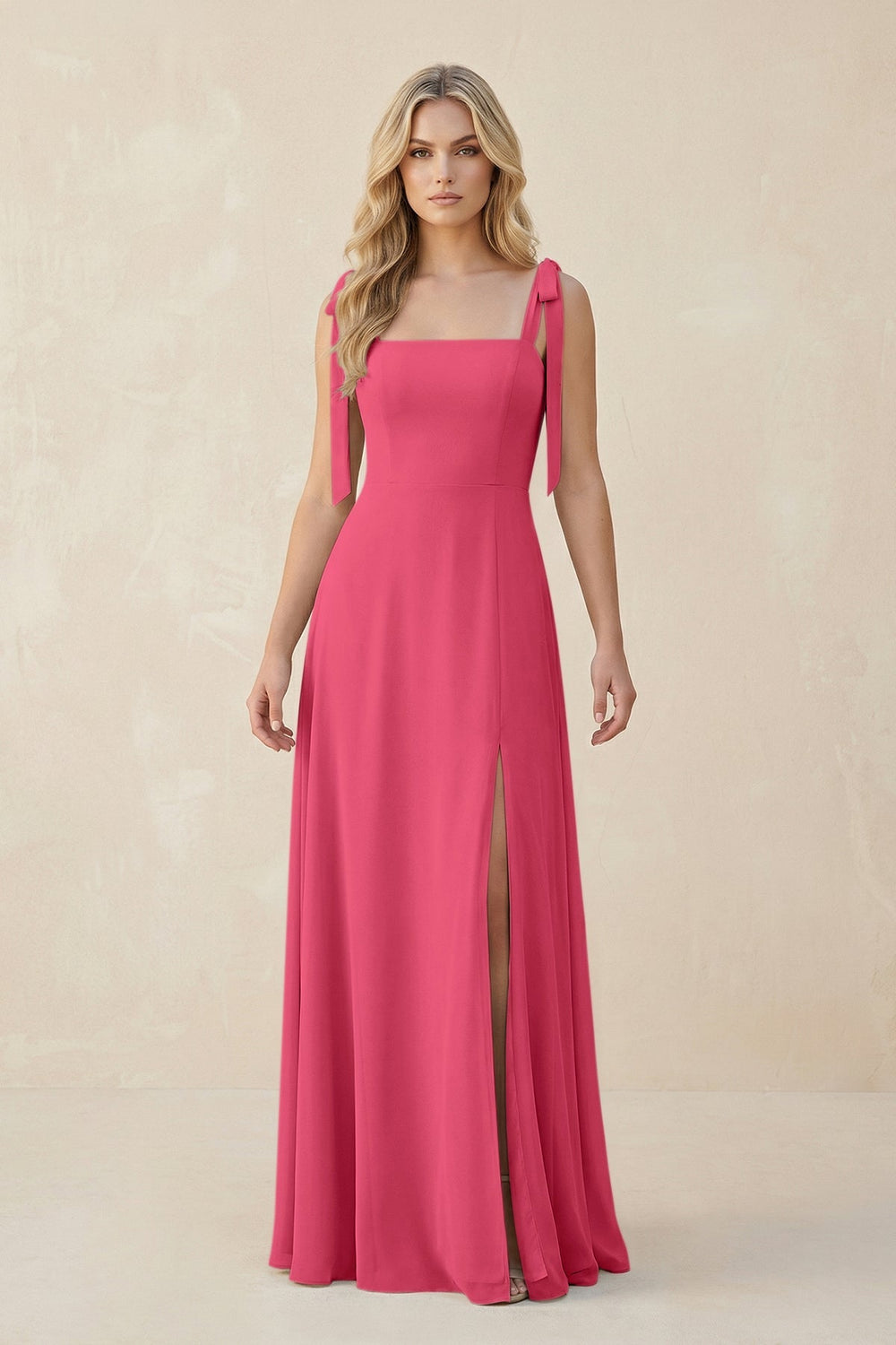 Square Neck Chiffon A - Line Bridesmaid Dress With Bow in Fuchsia - KISS BRIDAL Bridesmaid Dresses