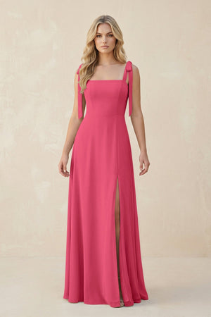 Square Neck Chiffon A - Line Bridesmaid Dress With Bow in Fuchsia - SHE IS ME Bridesmaid Dresses