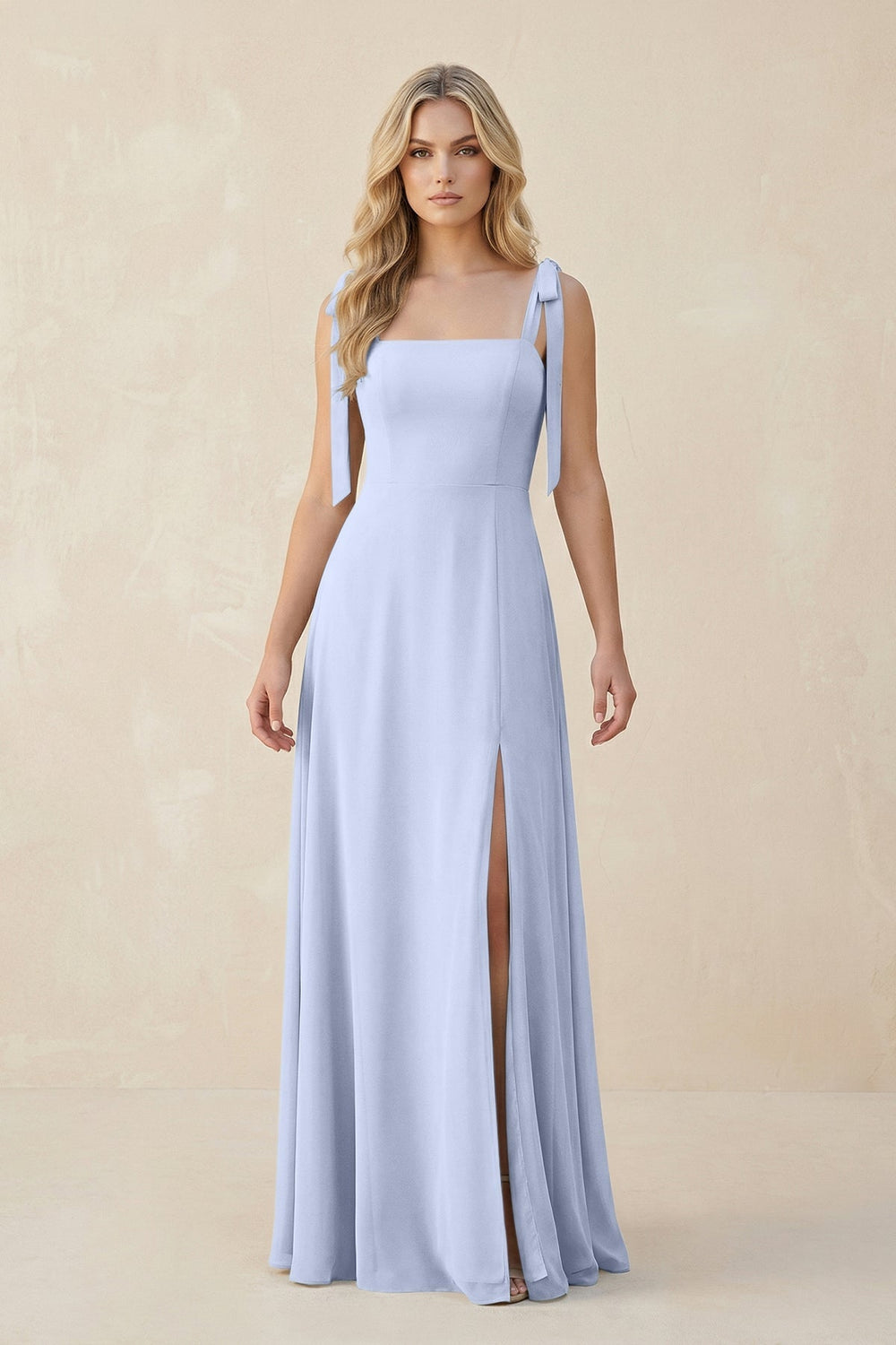 Square Neck Chiffon A - Line Bridesmaid Dress With Bow in Ice - KISS BRIDAL Bridesmaid Dresses