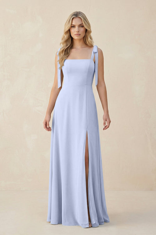 Square Neck Chiffon A - Line Bridesmaid Dress With Bow in Ice - SHE IS ME Bridesmaid Dresses