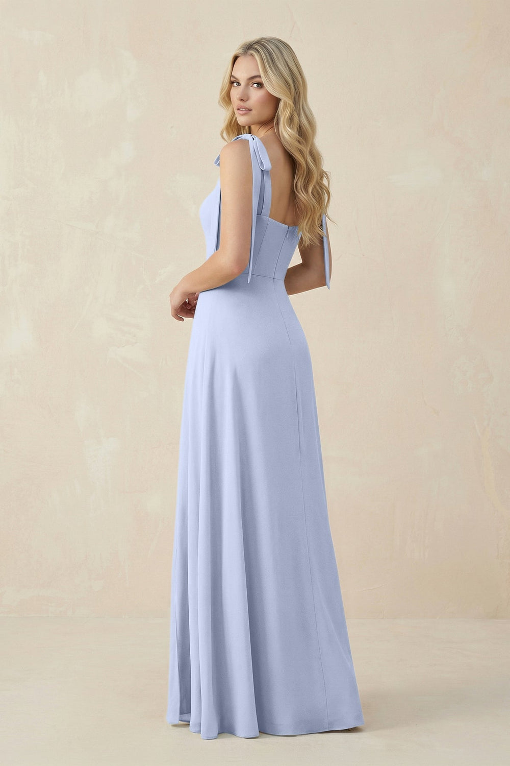 Square Neck Chiffon A - Line Bridesmaid Dress With Bow in Ice - KISS BRIDAL Bridesmaid Dresses