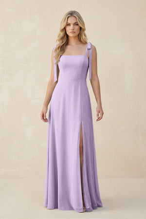 Square Neck Chiffon A - Line Bridesmaid Dress With Bow in Lavender - SHE IS ME Bridesmaid Dresses