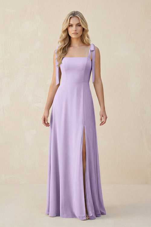 Square Neck Chiffon A - Line Bridesmaid Dress With Bow in Lavender - SHE IS ME Bridesmaid Dresses