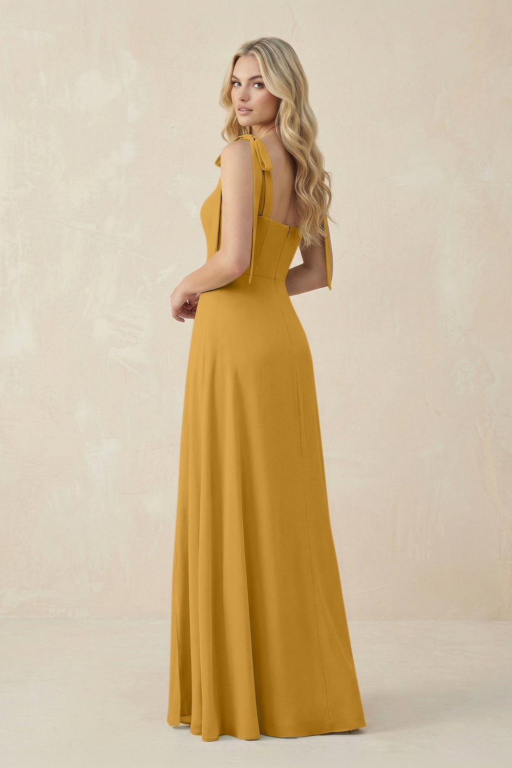 Square Neck Chiffon A - Line Bridesmaid Dress With Bow in Marigold - KISS BRIDAL Bridesmaid Dresses
