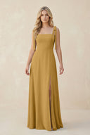 Square Neck Chiffon A-Line Bridesmaid Dress With Bow in Marigold | KISSBRIDAL