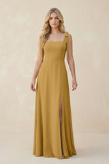 Square Neck Chiffon A-Line Bridesmaid Dress With Bow in Marigold | KISSBRIDAL