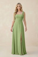 Square Neck Chiffon A - Line Bridesmaid Dress With Bow in Matcha - SHE IS ME Bridesmaid Dresses