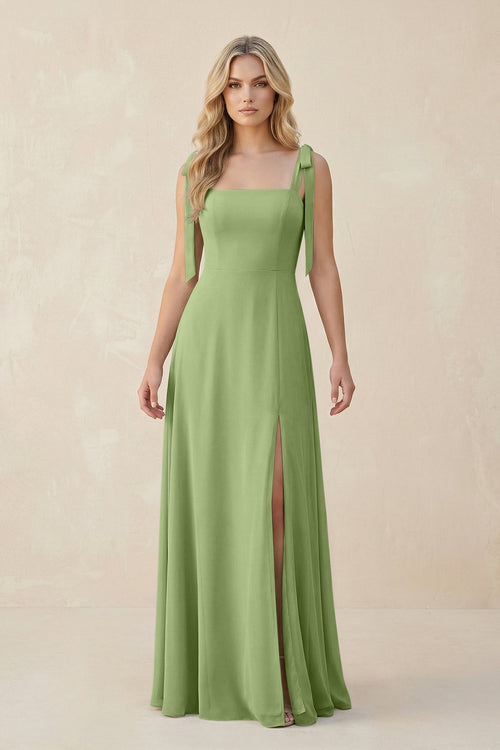 Square Neck Chiffon A - Line Bridesmaid Dress With Bow in Matcha - SHE IS ME Bridesmaid Dresses