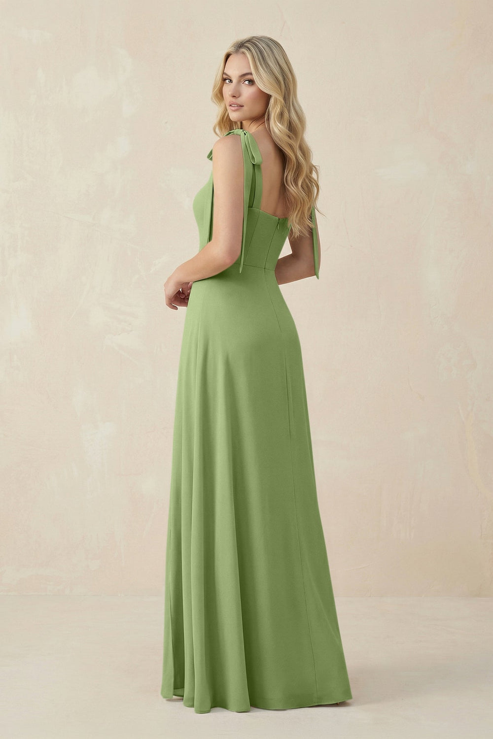 Square Neck Chiffon A - Line Bridesmaid Dress With Bow in Matcha - KISS BRIDAL Bridesmaid Dresses
