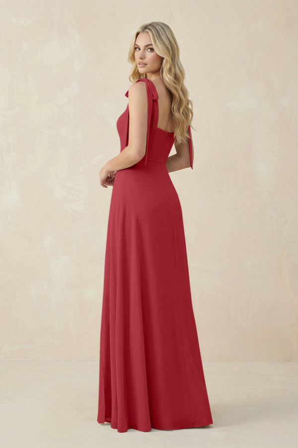 Square Neck Chiffon A - Line Bridesmaid Dress With Bow in Merlot - SHE IS ME Bridesmaid Dresses