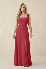 Square Neck Chiffon A - Line Bridesmaid Dress With Bow in Merlot - KISS BRIDAL Bridesmaid Dresses