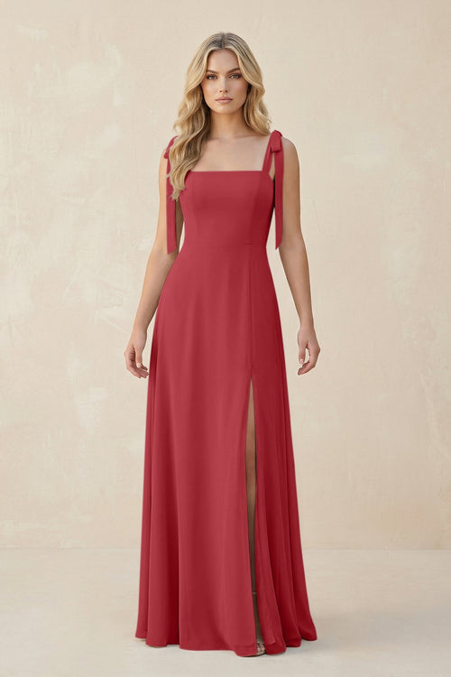 Square Neck Chiffon A - Line Bridesmaid Dress With Bow in Merlot - SHE IS ME Bridesmaid Dresses