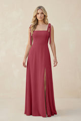 Square Neck Chiffon A-Line Bridesmaid Dress With Bow in Merlot | KISSBRIDAL