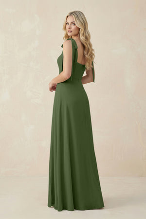 Square Neck Chiffon A-Line Bridesmaid Dress With Bow in Moss (2) | KISSBRIDAL