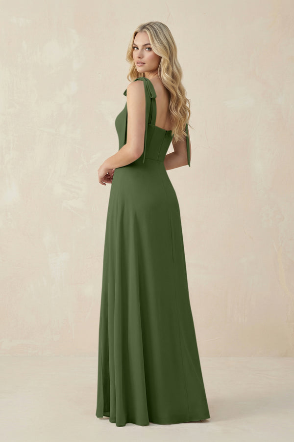 Square Neck Chiffon A-Line Bridesmaid Dress With Bow in Moss (2) | KISSBRIDAL