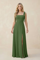 Square Neck Chiffon A - Line Bridesmaid Dress With Bow in Moss - SHE IS ME Bridesmaid Dresses