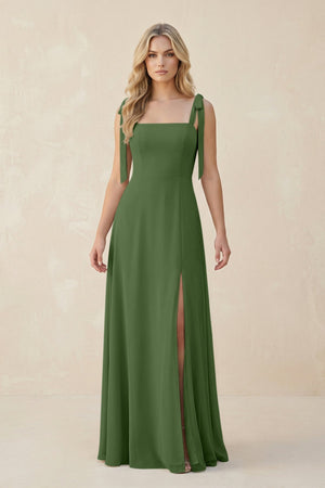 Square Neck Chiffon A - Line Bridesmaid Dress With Bow in Moss - SHE IS ME Bridesmaid Dresses