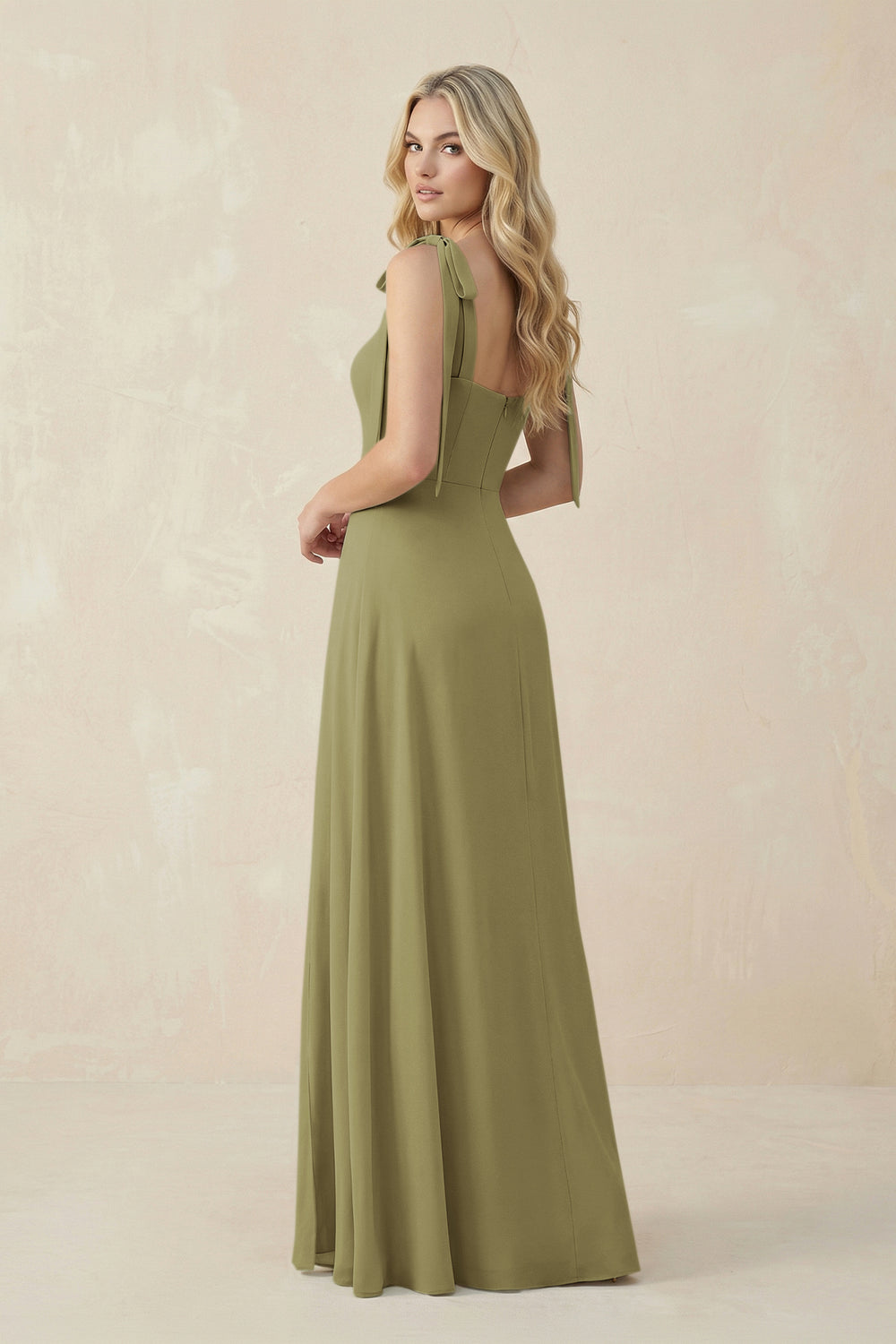 Square Neck Chiffon A-Line Bridesmaid Dress With Bow in Moss Green