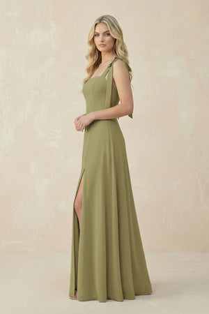 Square Neck Chiffon A-Line Bridesmaid Dress With Bow in Moss Green (3) | KISSBRIDAL