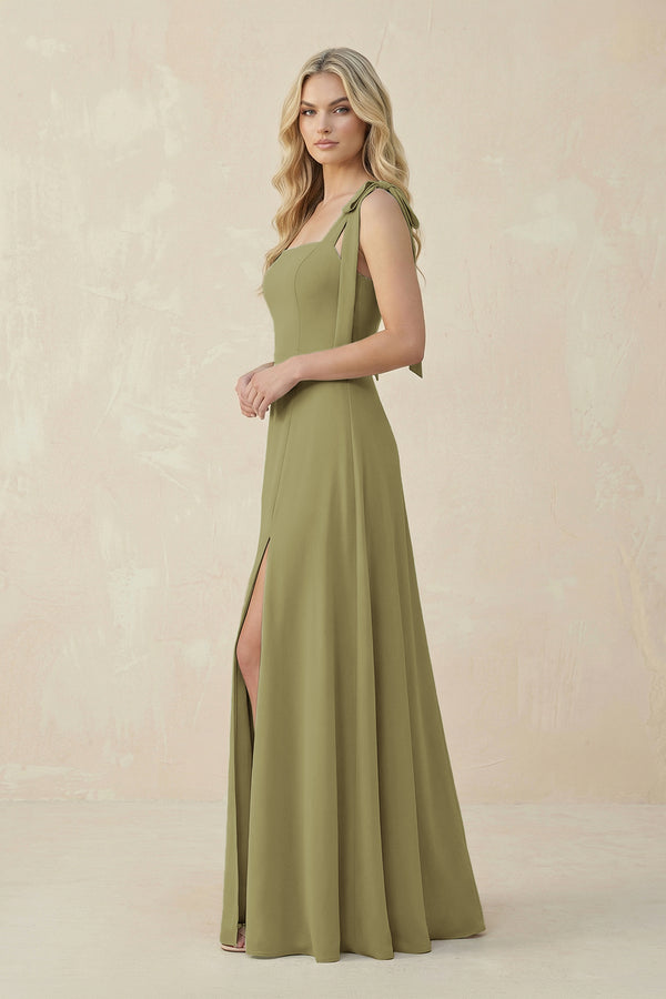 Square Neck Chiffon A-Line Bridesmaid Dress With Bow in Moss Green (3) | KISSBRIDAL
