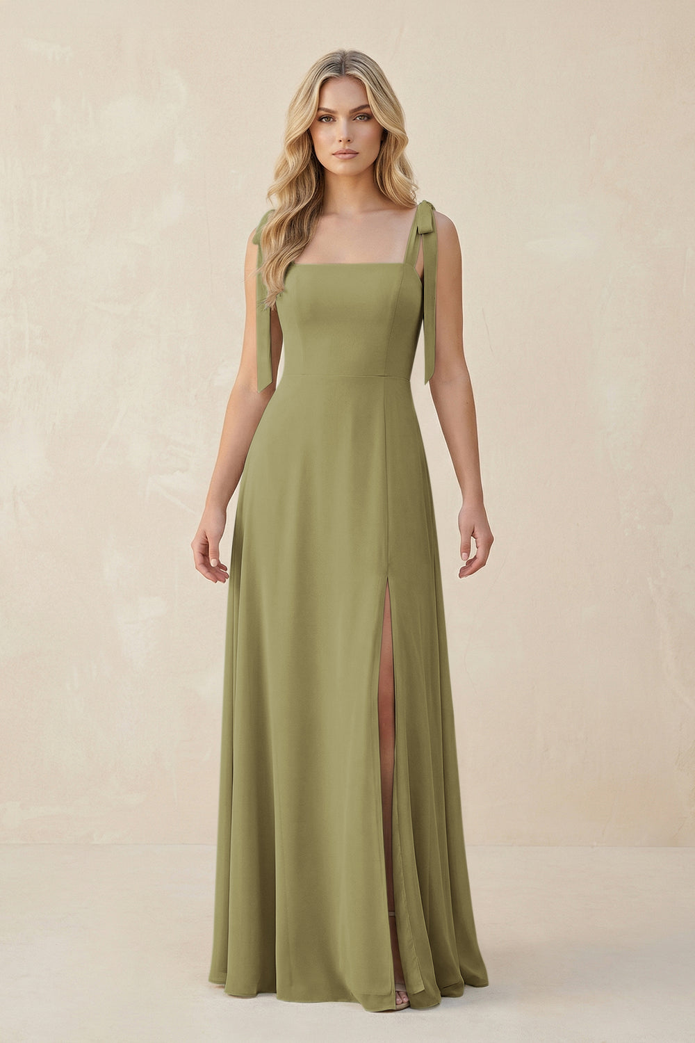 Square Neck Chiffon A-Line Bridesmaid Dress With Bow in Moss Green