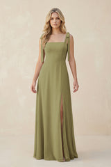 Square Neck Chiffon A-Line Bridesmaid Dress With Bow in Moss Green | KISSBRIDAL