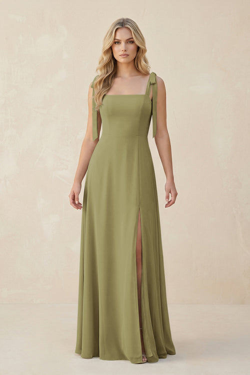 Square Neck Chiffon A-Line Bridesmaid Dress With Bow in Moss Green | KISSBRIDAL