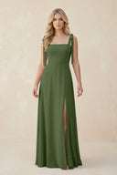 Square Neck Chiffon A-Line Bridesmaid Dress With Bow in Moss | KISSBRIDAL