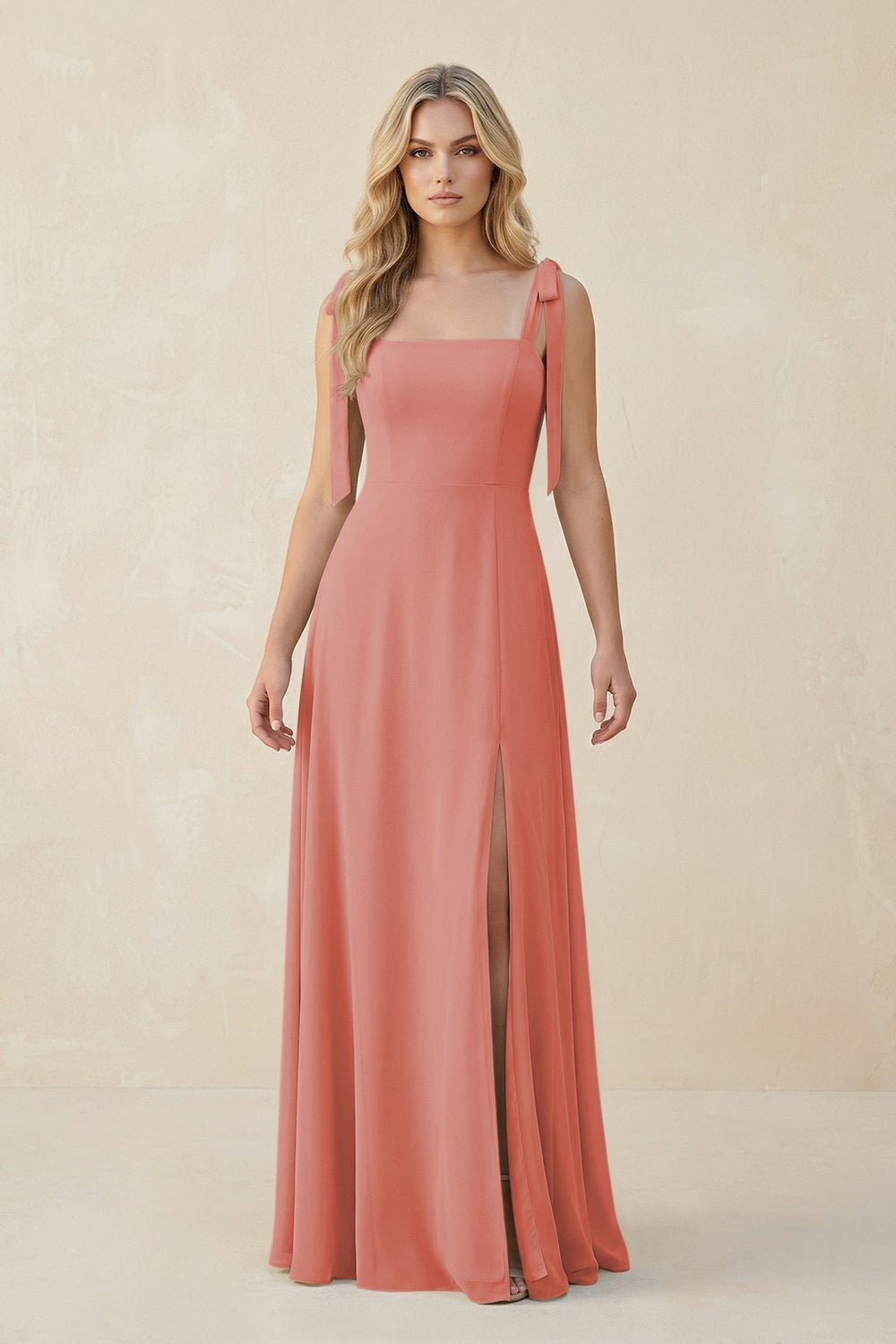 Square Neck Chiffon A - Line Bridesmaid Dress With Bow in Mulberry - KISS BRIDAL Bridesmaid Dresses