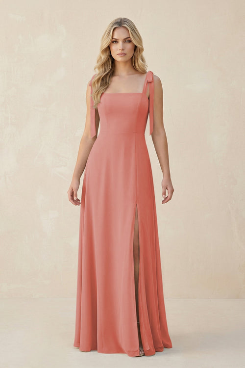 Square Neck Chiffon A - Line Bridesmaid Dress With Bow in Mulberry - SHE IS ME Bridesmaid Dresses