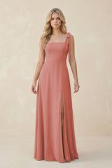 Square Neck Chiffon A-Line Bridesmaid Dress With Bow in Mulberry | KISSBRIDAL