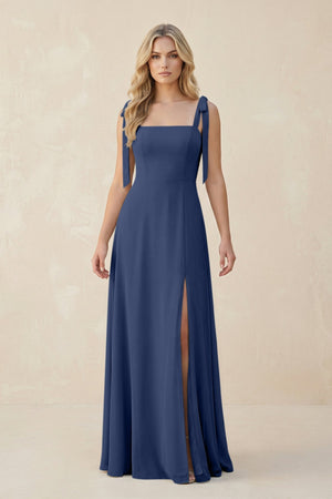 Square Neck Chiffon A - Line Bridesmaid Dress With Bow in Navy - SHE IS ME Bridesmaid Dresses