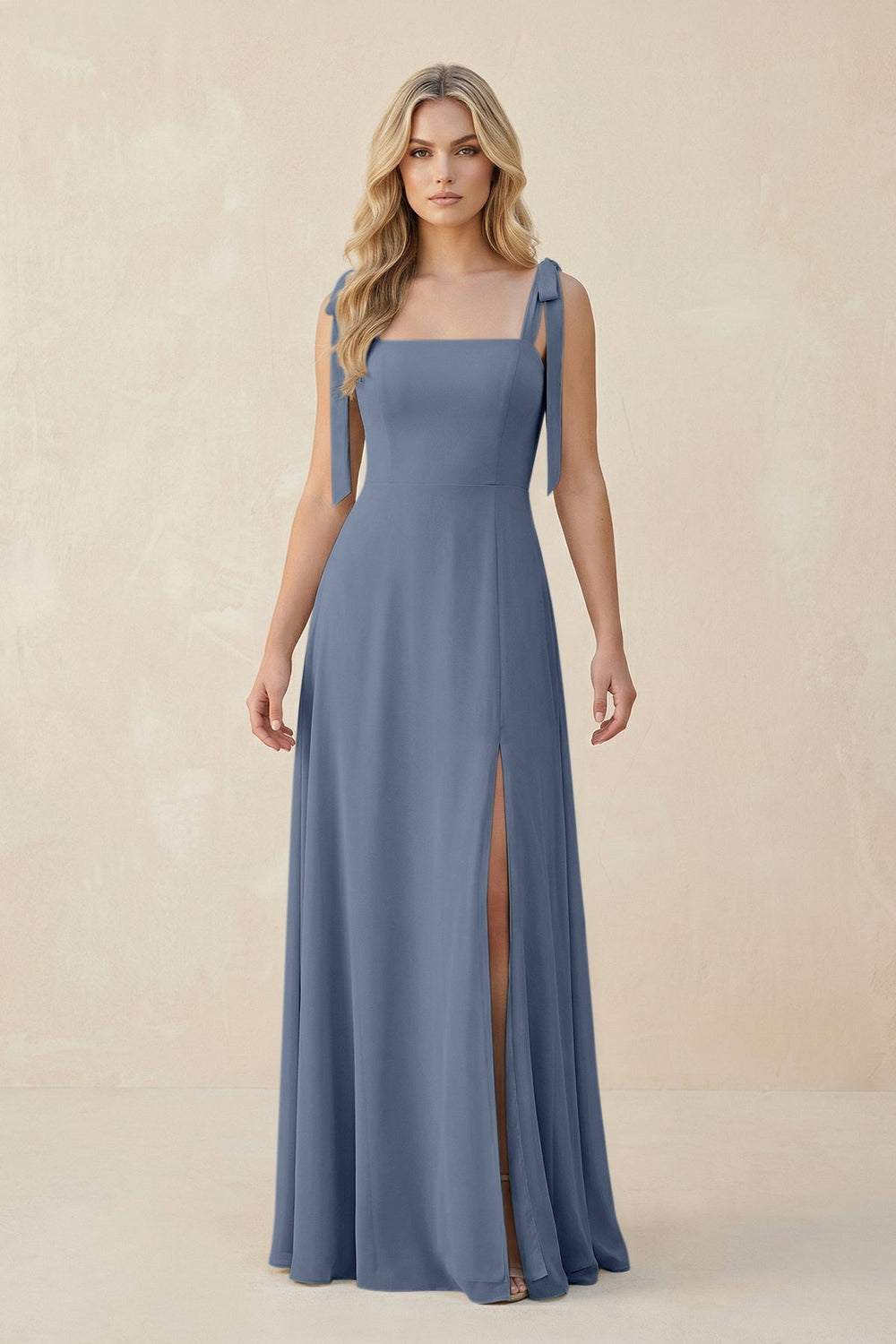 Square Neck Chiffon A - Line Bridesmaid Dress With Bow in Neptune - KISS BRIDAL Bridesmaid Dresses