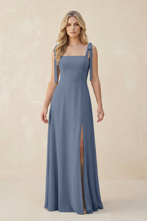 Square Neck Chiffon A - Line Bridesmaid Dress With Bow in Neptune - SHE IS ME Bridesmaid Dresses