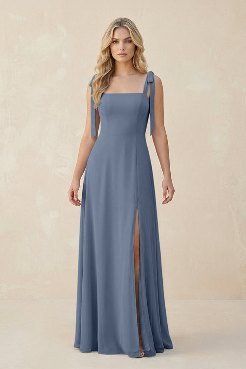 Square Neck Chiffon A - Line Bridesmaid Dress With Bow in Neptune - SHE IS ME Bridesmaid Dresses