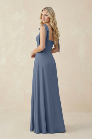 Square Neck Chiffon A - Line Bridesmaid Dress With Bow in Neptune - SHE IS ME Bridesmaid Dresses