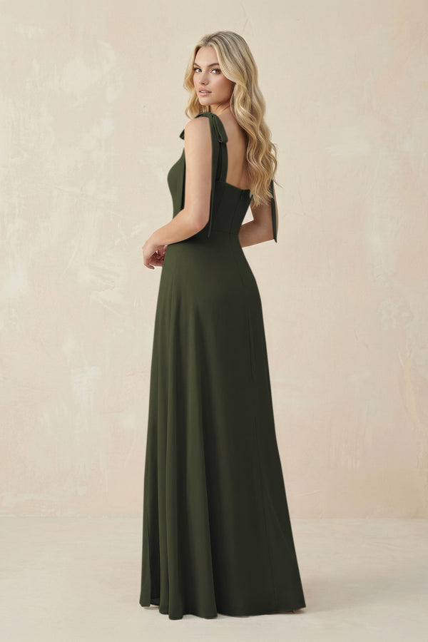 Square Neck Chiffon A-Line Bridesmaid Dress With Bow in Olive (2) | KISSBRIDAL