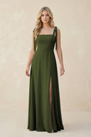 Square Neck Chiffon A - Line Bridesmaid Dress With Bow in Olive - SHE IS ME Bridesmaid Dresses