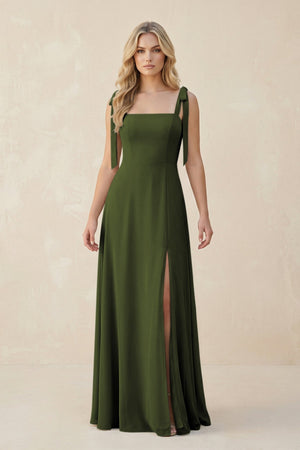Square Neck Chiffon A - Line Bridesmaid Dress With Bow in Olive - SHE IS ME Bridesmaid Dresses